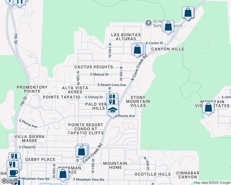 map of restaurants, bars, coffee shops, grocery stores, and more near 10840 North Cave Creek Road in Phoenix