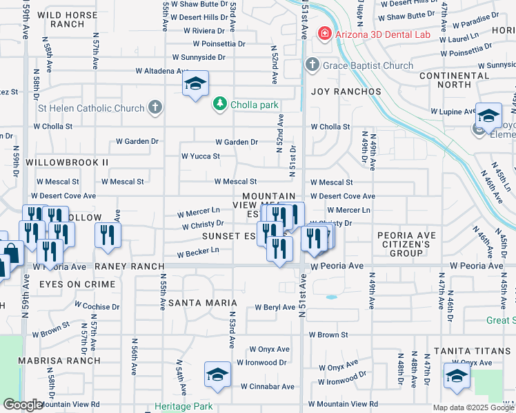 map of restaurants, bars, coffee shops, grocery stores, and more near 5216 West Mercer Lane in Glendale