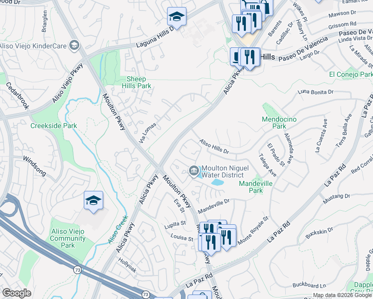 map of restaurants, bars, coffee shops, grocery stores, and more near 25993 Atherton Avenue in Laguna Hills