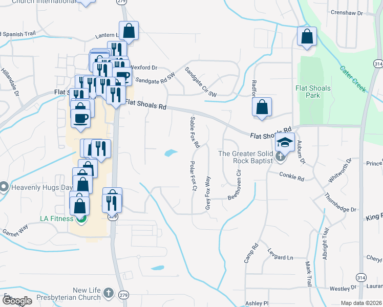 map of restaurants, bars, coffee shops, grocery stores, and more near 6265 Polar Fox Court in Riverdale