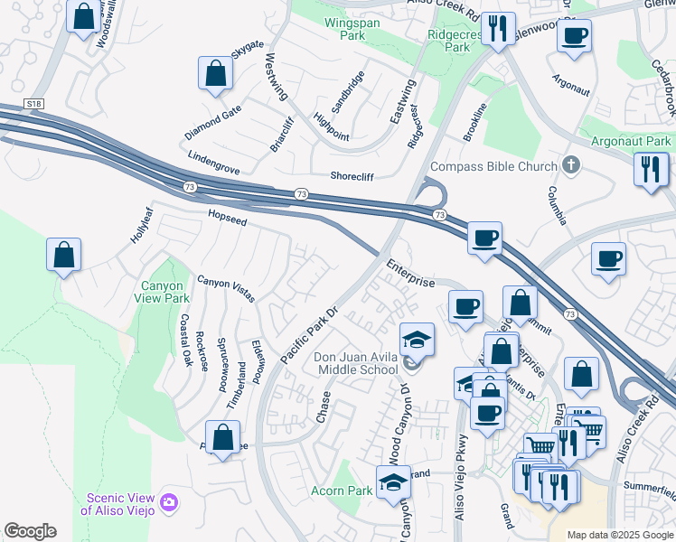 map of restaurants, bars, coffee shops, grocery stores, and more near 106 Woodcrest Lane in Aliso Viejo