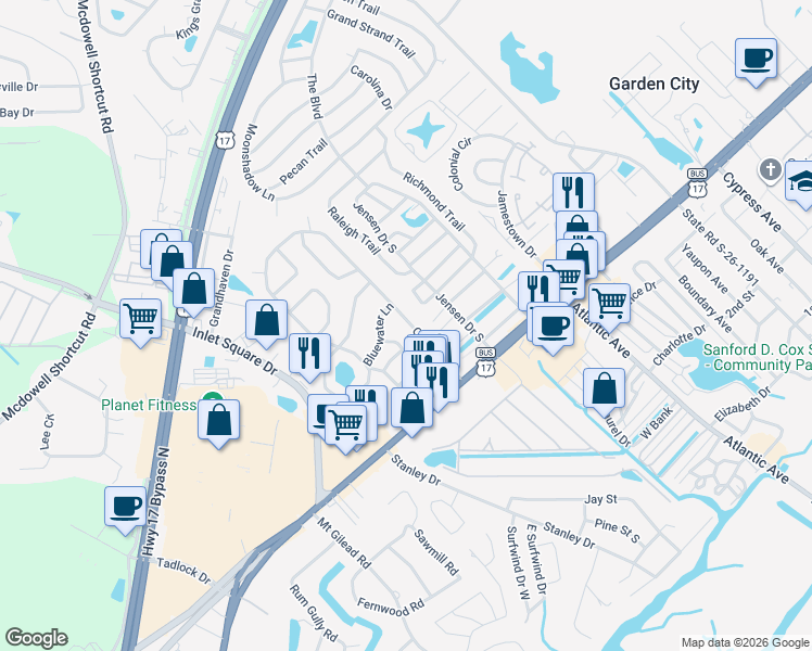 map of restaurants, bars, coffee shops, grocery stores, and more near 25 Offshore Drive in Murrells Inlet
