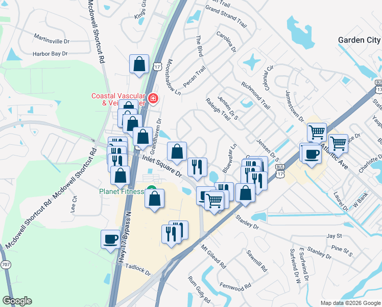 map of restaurants, bars, coffee shops, grocery stores, and more near 134 Offshore Drive in Murrells Inlet