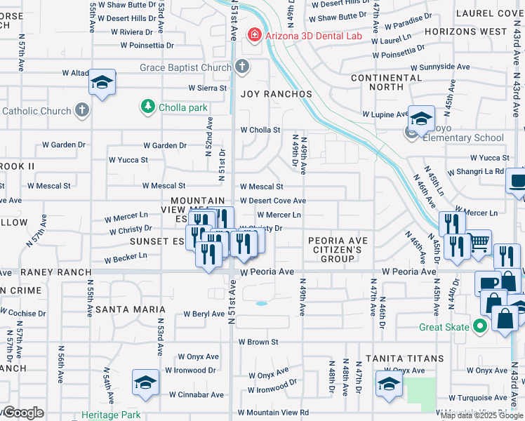 map of restaurants, bars, coffee shops, grocery stores, and more near 5022 West Mercer Lane in Glendale