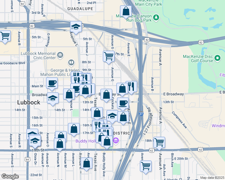 map of restaurants, bars, coffee shops, grocery stores, and more near 1801 Avenue G in Lubbock