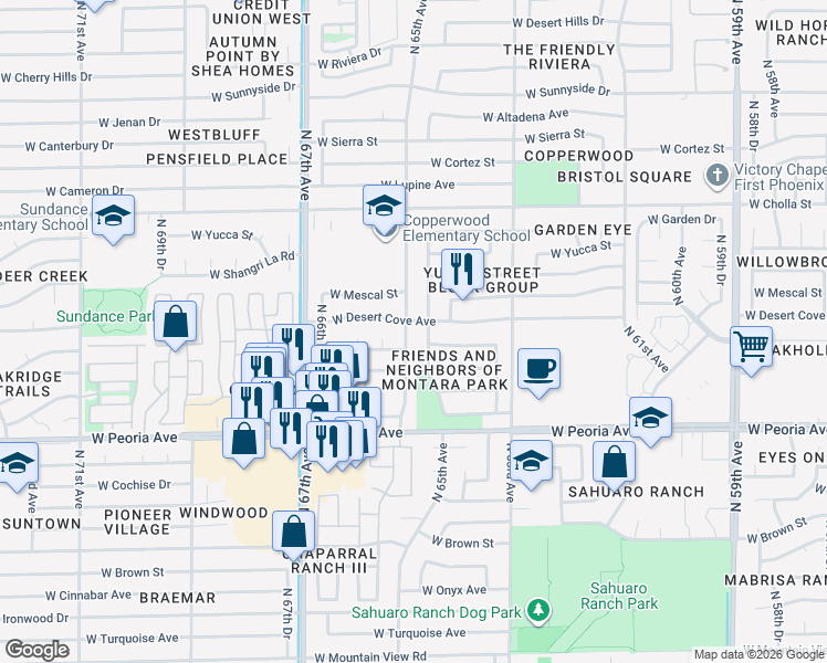 map of restaurants, bars, coffee shops, grocery stores, and more near 10845 North 65th Avenue in Glendale