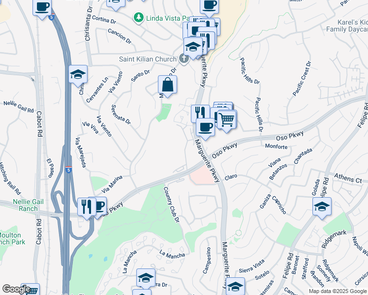 map of restaurants, bars, coffee shops, grocery stores, and more near 25911 Orbita in Mission Viejo