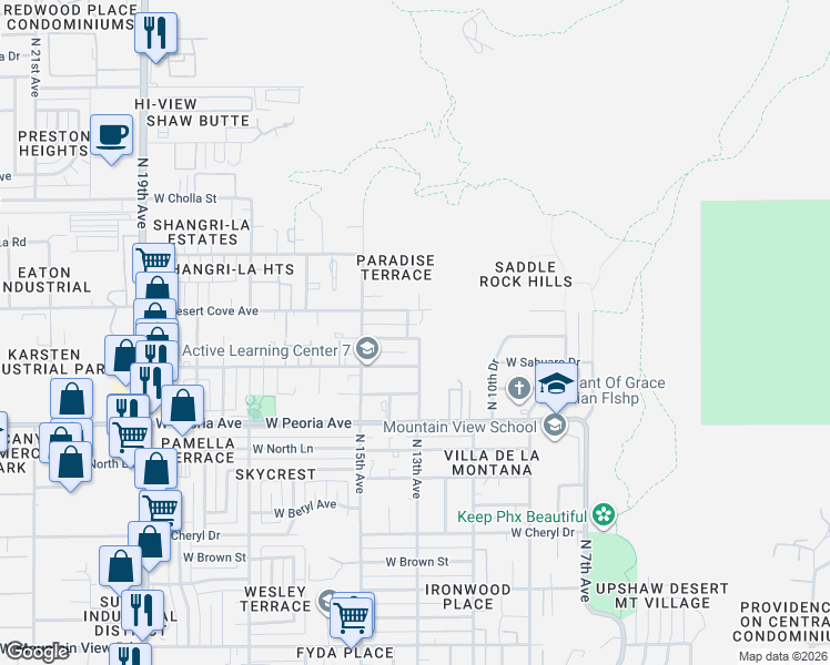 map of restaurants, bars, coffee shops, grocery stores, and more near 10831 North 14th Avenue in Phoenix
