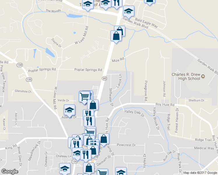 map of restaurants, bars, coffee shops, grocery stores, and more near 6231 Stillwater Drive in Riverdale