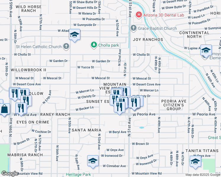map of restaurants, bars, coffee shops, grocery stores, and more near 5216 West Mercer Lane in Glendale
