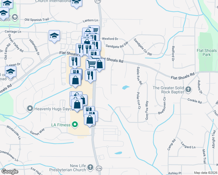 map of restaurants, bars, coffee shops, grocery stores, and more near 6082 Oak Bend Court in Riverdale