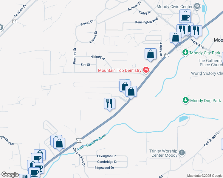 map of restaurants, bars, coffee shops, grocery stores, and more near 1031 Windsor Parkway in Moody