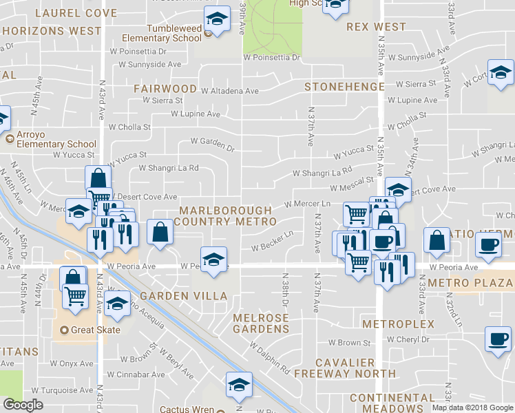 map of restaurants, bars, coffee shops, grocery stores, and more near 3827 West Desert Cove Avenue in Phoenix
