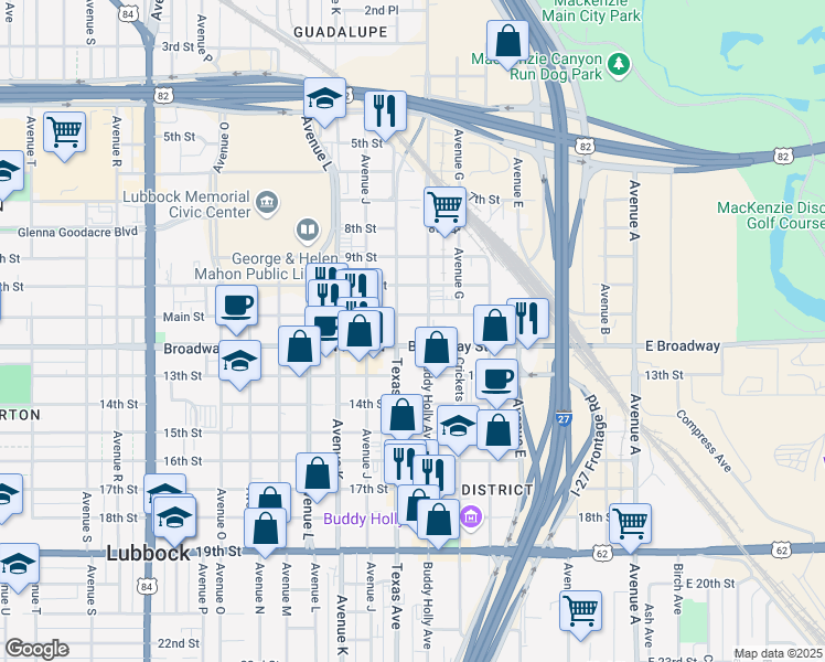 map of restaurants, bars, coffee shops, grocery stores, and more near 904 Broadway Street in Lubbock