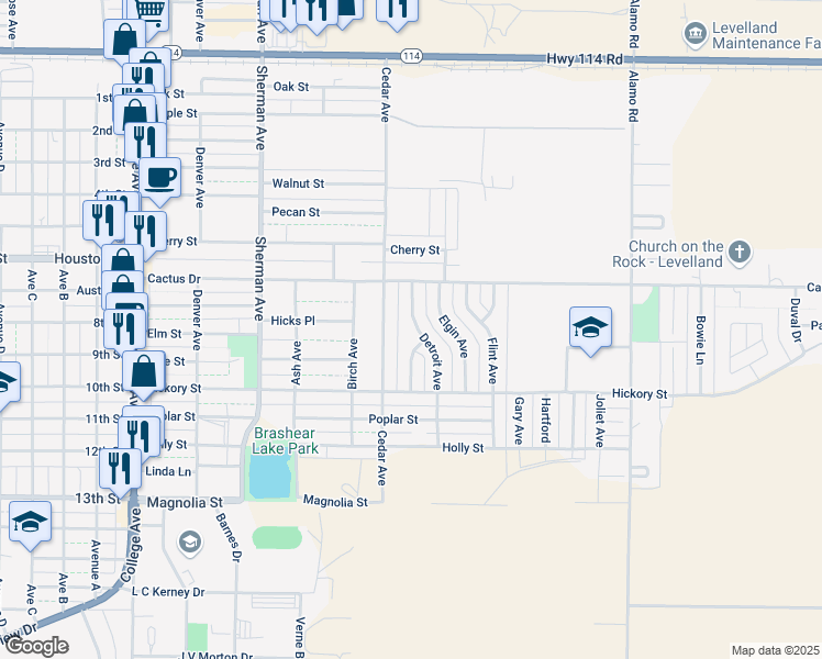 map of restaurants, bars, coffee shops, grocery stores, and more near 118 Detroit Avenue in Levelland