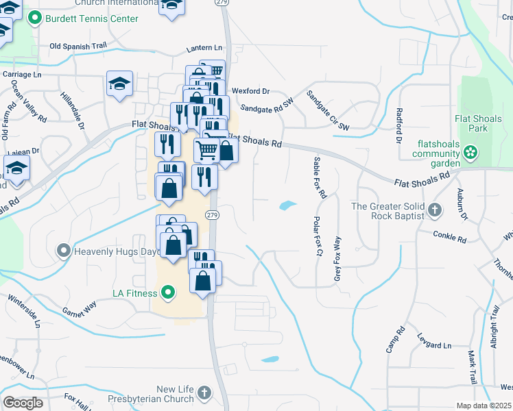 map of restaurants, bars, coffee shops, grocery stores, and more near 6082 Oak Bend Court in Riverdale