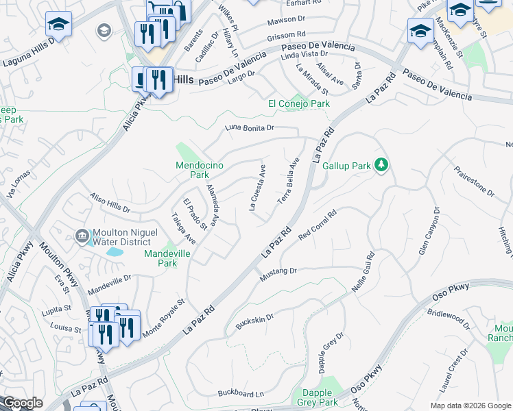 map of restaurants, bars, coffee shops, grocery stores, and more near 25982 La Cuesta Avenue in Laguna Hills