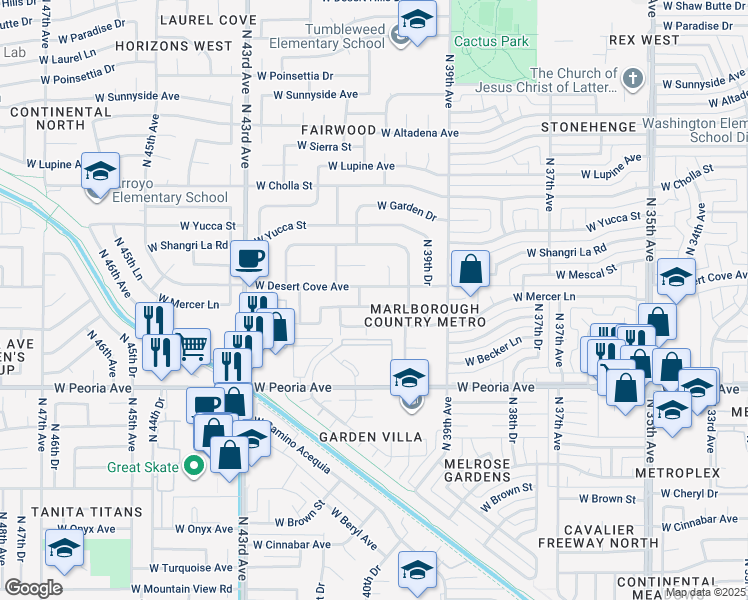 map of restaurants, bars, coffee shops, grocery stores, and more near 4038 West Mercer Lane in Phoenix