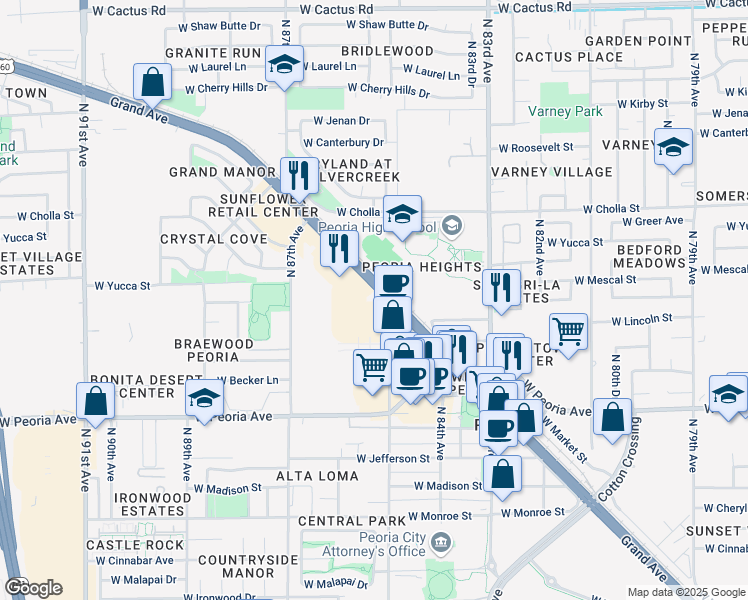 map of restaurants, bars, coffee shops, grocery stores, and more near 8495 Grand Avenue in Peoria