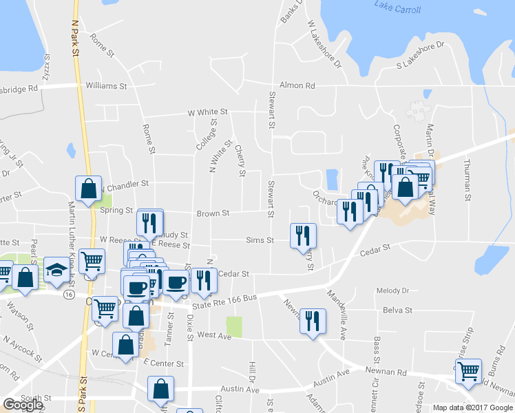 map of restaurants, bars, coffee shops, grocery stores, and more near 318 Brown Street in Carrollton