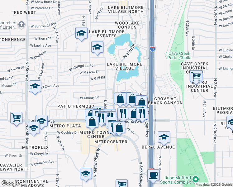 map of restaurants, bars, coffee shops, grocery stores, and more near 11027 North 28th Drive in Phoenix