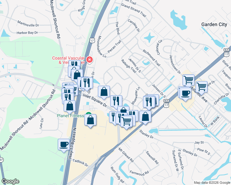 map of restaurants, bars, coffee shops, grocery stores, and more near 134 Offshore Drive in Murrells Inlet