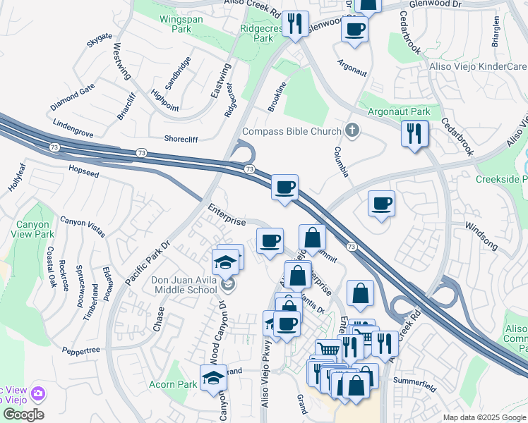 map of restaurants, bars, coffee shops, grocery stores, and more near 15 Enterprise in Aliso Viejo