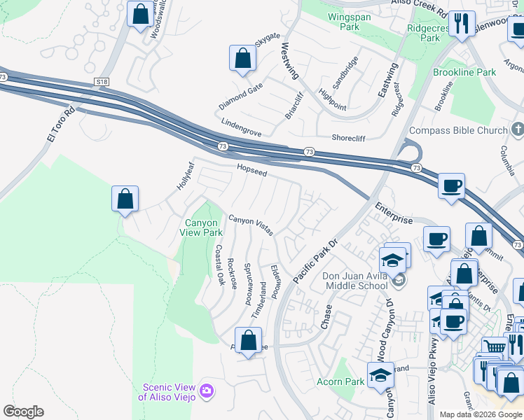 map of restaurants, bars, coffee shops, grocery stores, and more near 33 Golden Rain in Aliso Viejo