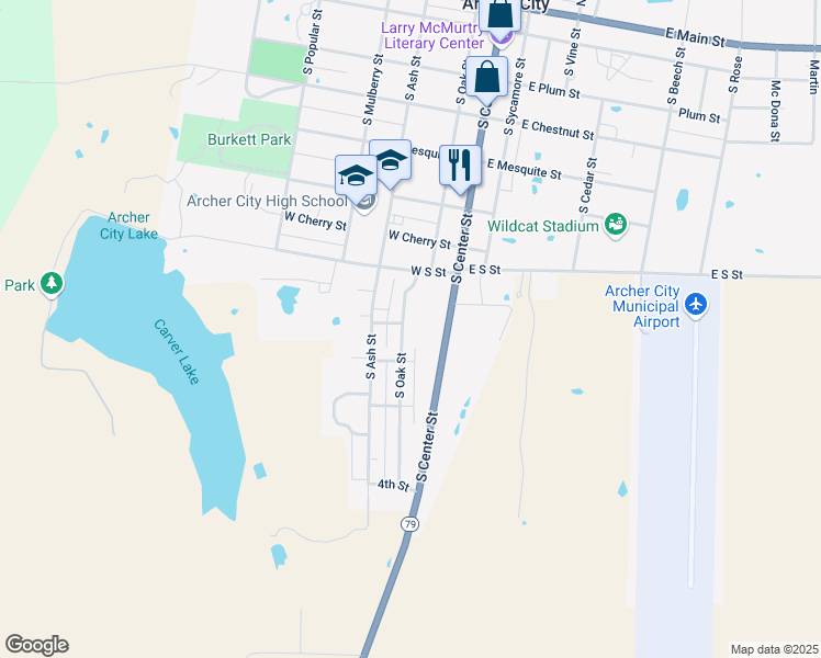 map of restaurants, bars, coffee shops, grocery stores, and more near 814 South Oak Street in Archer City