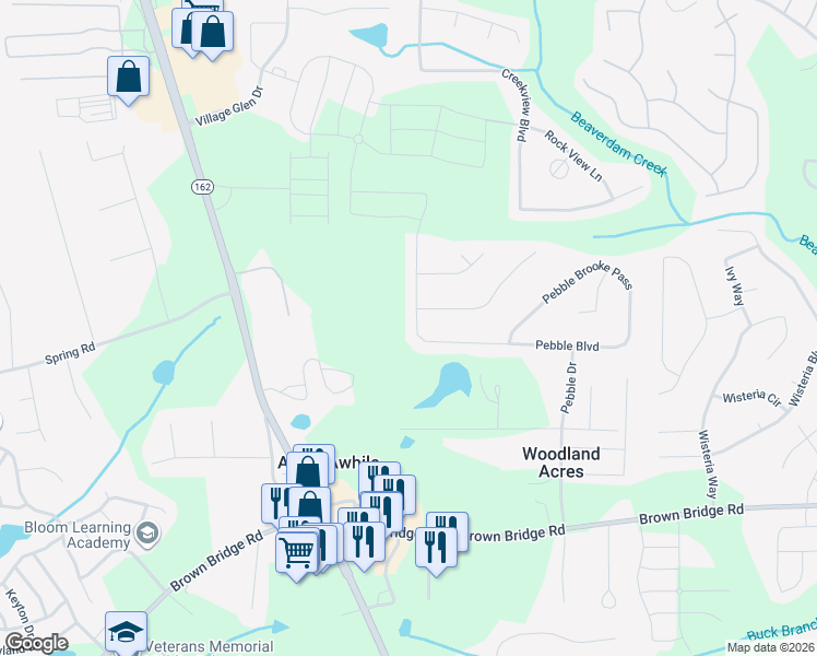map of restaurants, bars, coffee shops, grocery stores, and more near 675 Pebble Boulevard in Covington