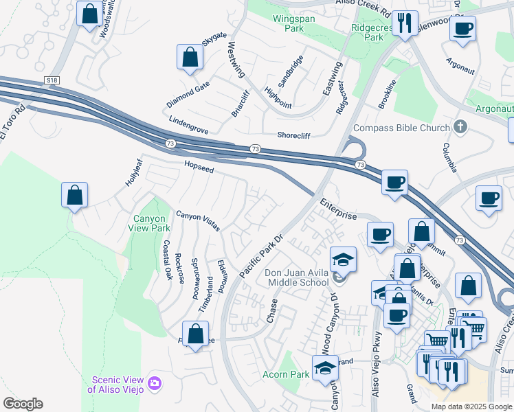 map of restaurants, bars, coffee shops, grocery stores, and more near 201 Woodcrest Lane in Aliso Viejo