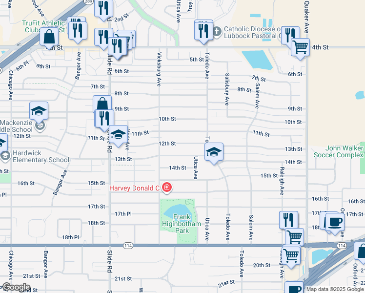 map of restaurants, bars, coffee shops, grocery stores, and more near 4817 12th Street in Lubbock