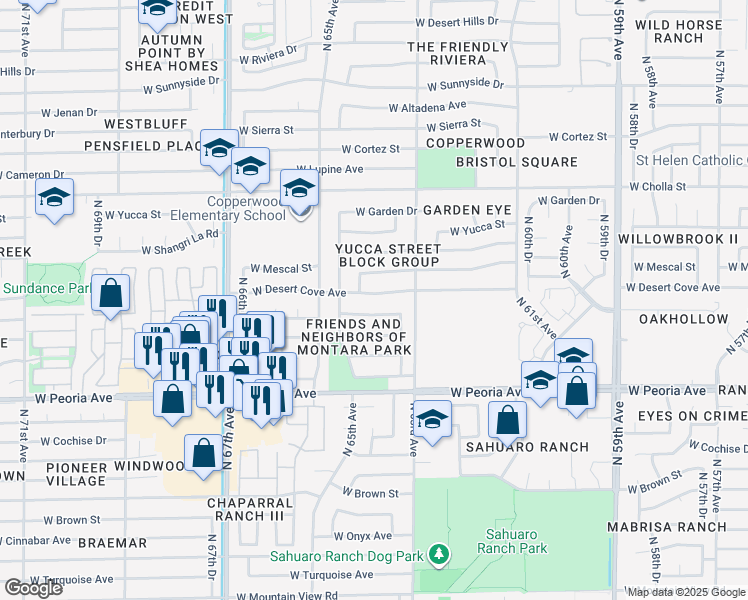 map of restaurants, bars, coffee shops, grocery stores, and more near 6411 West Desert Cove Avenue in Glendale