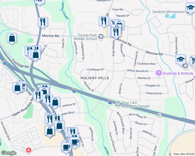 map of restaurants, bars, coffee shops, grocery stores, and more near 6200 San Juan Street in Forest Park