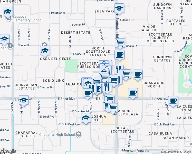 map of restaurants, bars, coffee shops, grocery stores, and more near 6 North 70th Street in Scottsdale
