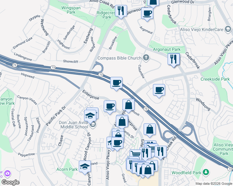 map of restaurants, bars, coffee shops, grocery stores, and more near 45 Enterprise in Aliso Viejo