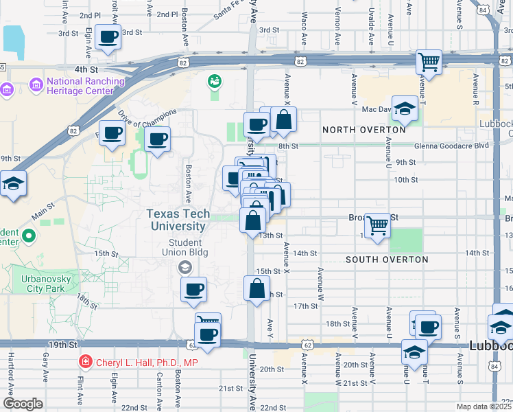 map of restaurants, bars, coffee shops, grocery stores, and more near 1109 University Avenue in Lubbock