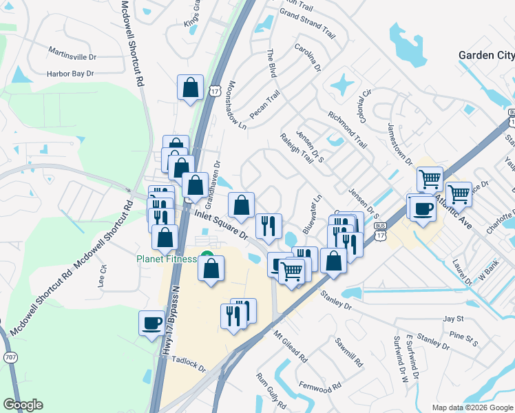 map of restaurants, bars, coffee shops, grocery stores, and more near 134 Offshore Drive in Murrells Inlet