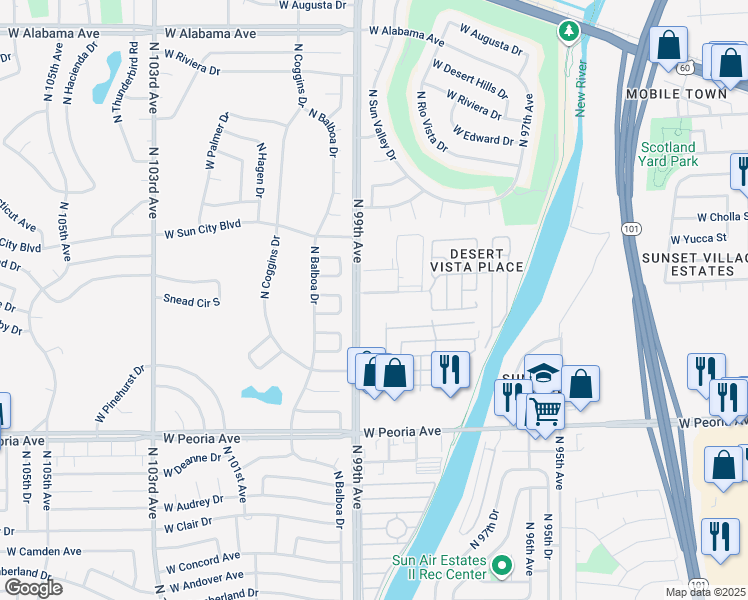 map of restaurants, bars, coffee shops, grocery stores, and more near 9847 West Desert Cove Avenue in Peoria