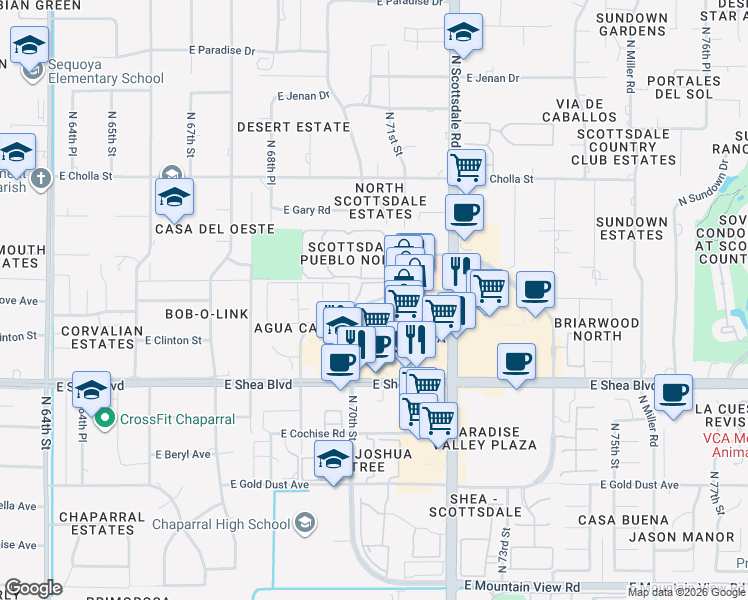 map of restaurants, bars, coffee shops, grocery stores, and more near 6 North 70th Street in Scottsdale
