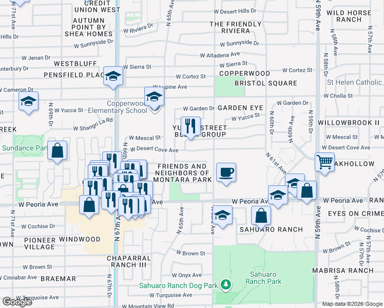 map of restaurants, bars, coffee shops, grocery stores, and more near 6411 West Desert Cove Avenue in Glendale