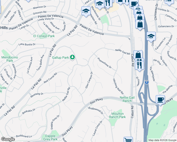 map of restaurants, bars, coffee shops, grocery stores, and more near 26042 Flintlock Lane in Laguna Hills