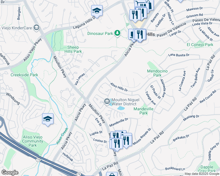 map of restaurants, bars, coffee shops, grocery stores, and more near 26123 Sunnyglen Avenue in Laguna Hills