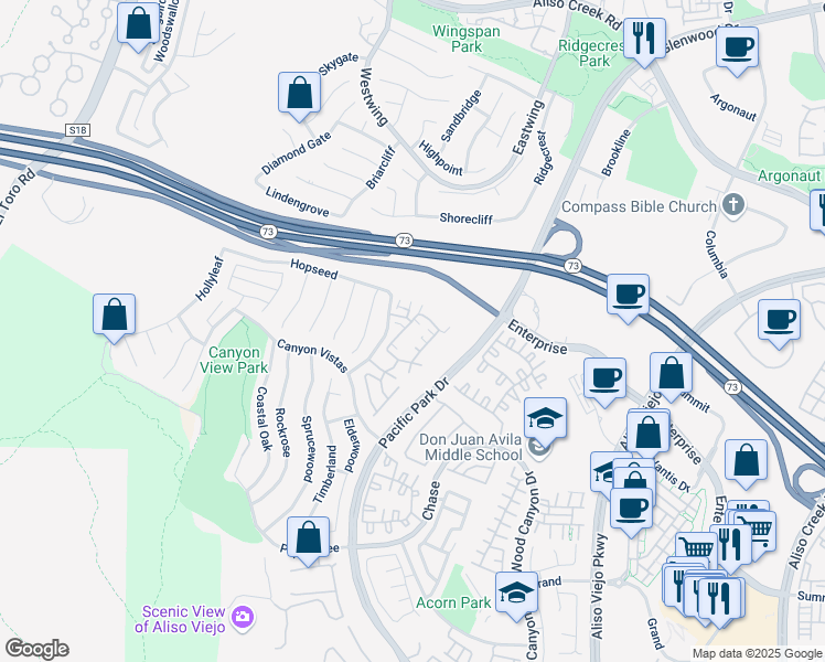 map of restaurants, bars, coffee shops, grocery stores, and more near 201 Woodcrest Lane in Aliso Viejo