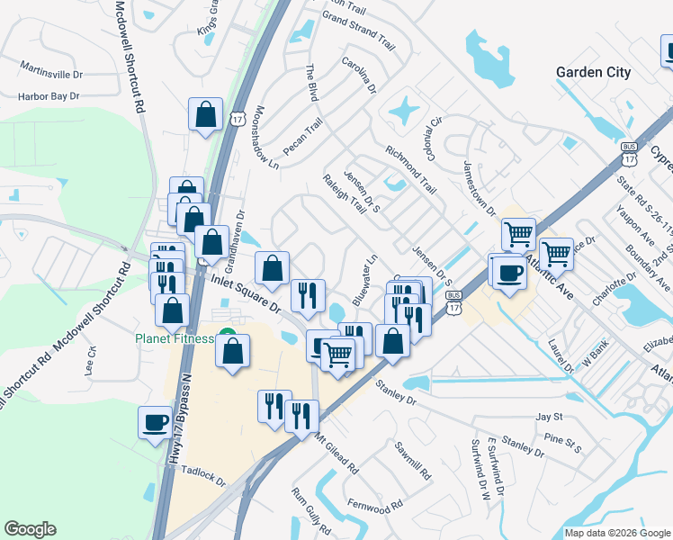 map of restaurants, bars, coffee shops, grocery stores, and more near 11 Islander Court in Murrells Inlet