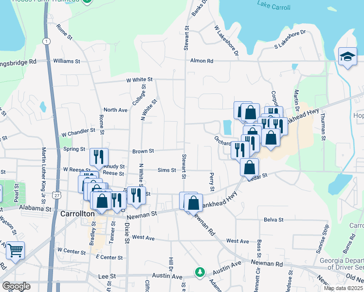 map of restaurants, bars, coffee shops, grocery stores, and more near 318 Brown Street in Carrollton