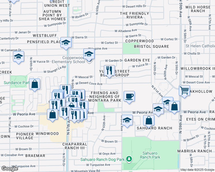 map of restaurants, bars, coffee shops, grocery stores, and more near 6411 West Desert Cove Avenue in Glendale