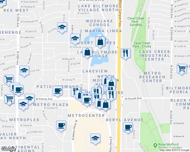 map of restaurants, bars, coffee shops, grocery stores, and more near 2713 West Mercer Lane in Phoenix