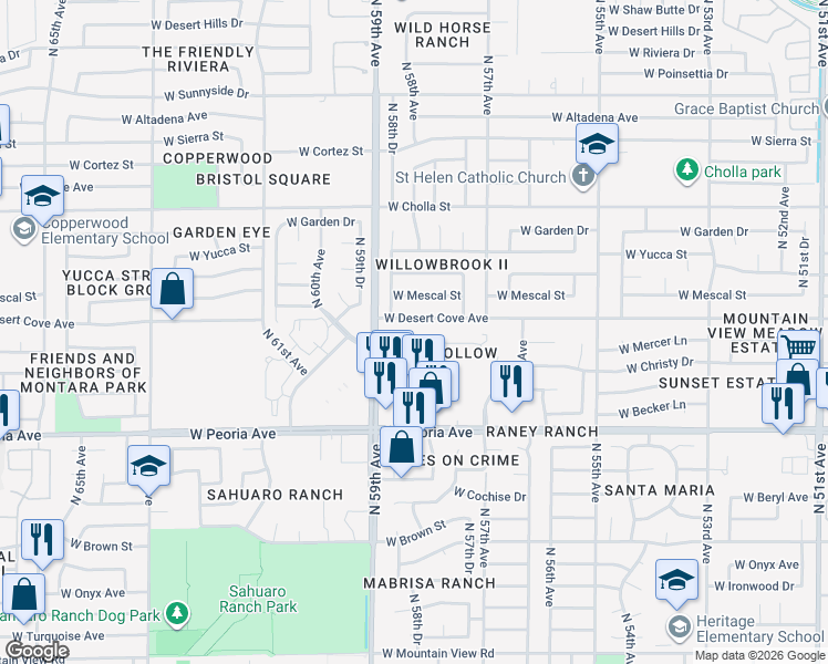 map of restaurants, bars, coffee shops, grocery stores, and more near 5826 West Mercer Lane in Glendale
