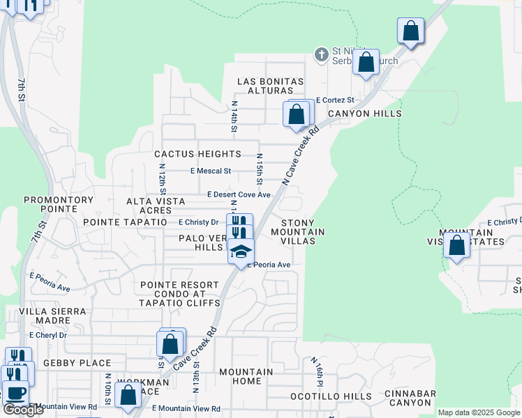 map of restaurants, bars, coffee shops, grocery stores, and more near 10840 North Cave Creek Road in Phoenix